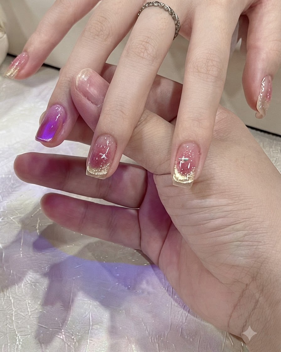 Fingers positioned underneath a compact mini UV/LED curing lamp.