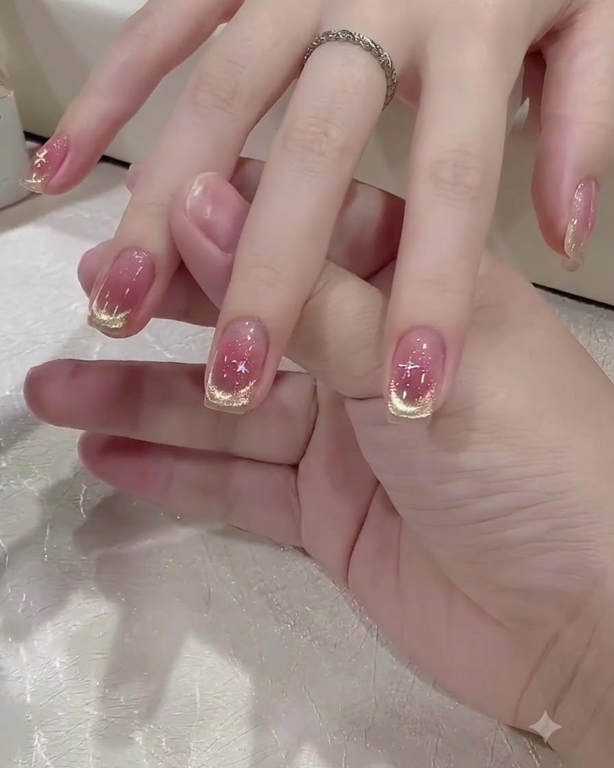 A detail brush applying a small drop of clear adhesive gel onto a decorated nail.