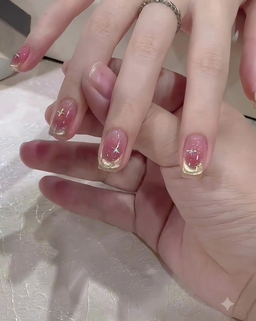 A hand resting under a mini UV/LED lamp to cure the nail decorations.