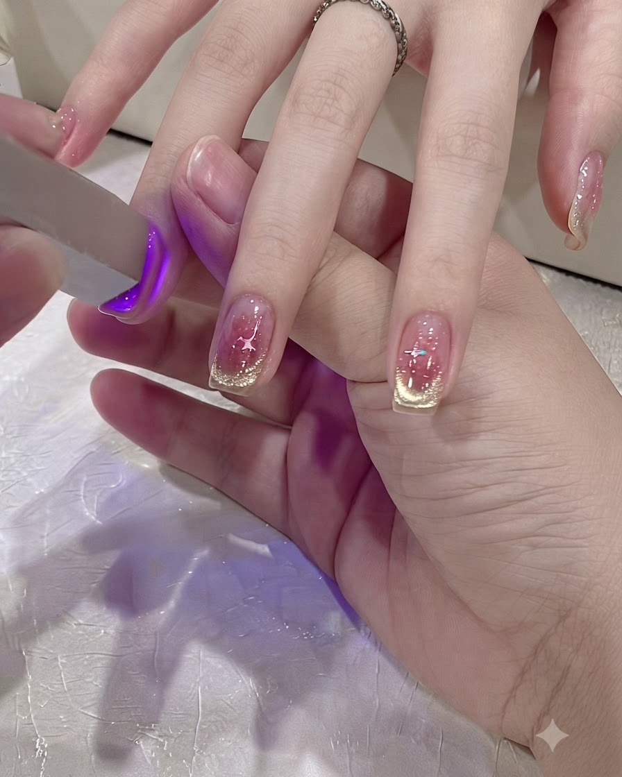 A mini UV LED lamp curing the top coat on manicured fingers.