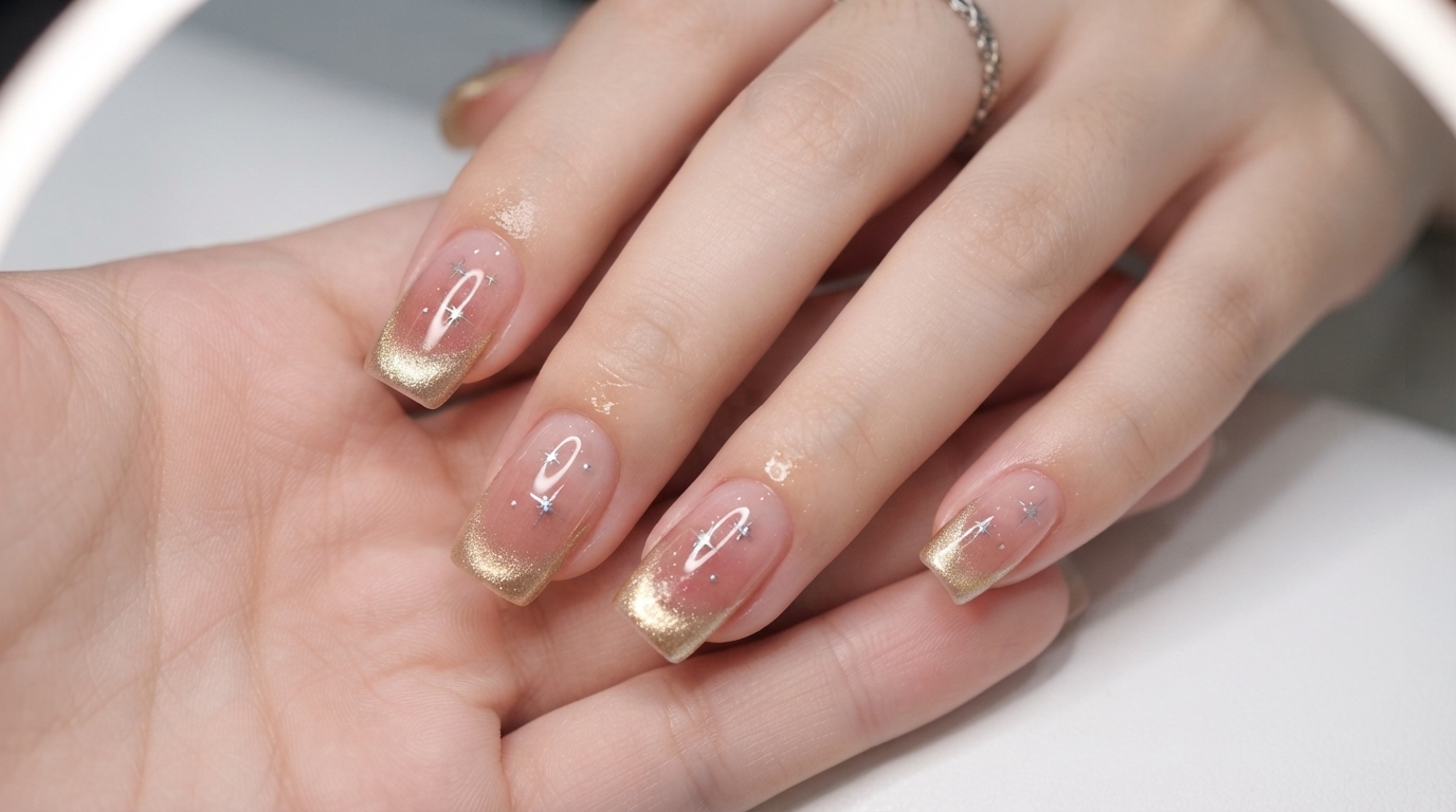 Pink Gradient and Golden Cat-Eye French Nails — Step-by-Step Tutorial