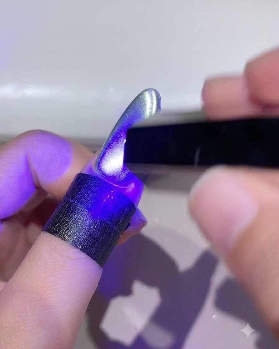 A fingernail under a UV LED lamp curing the styled cat-eye gel.