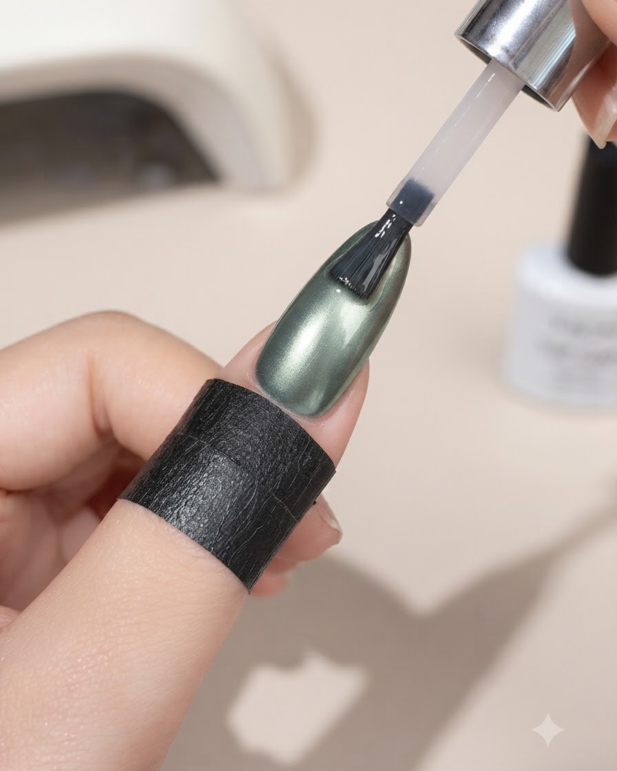 A brush applying Style Valley powder-buffing top coat over a green cat-eye nail.