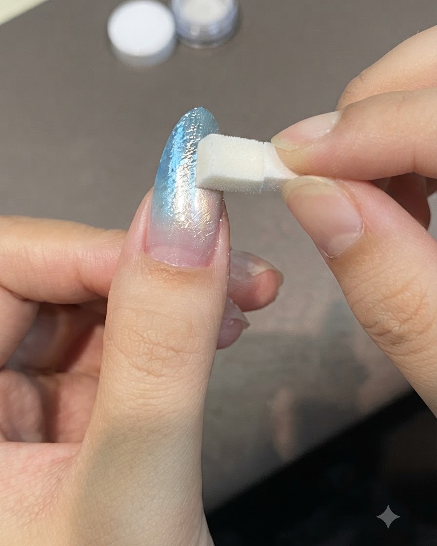 A small sponge applicator dabbing shimmering pearl powder onto a polished nail surface.