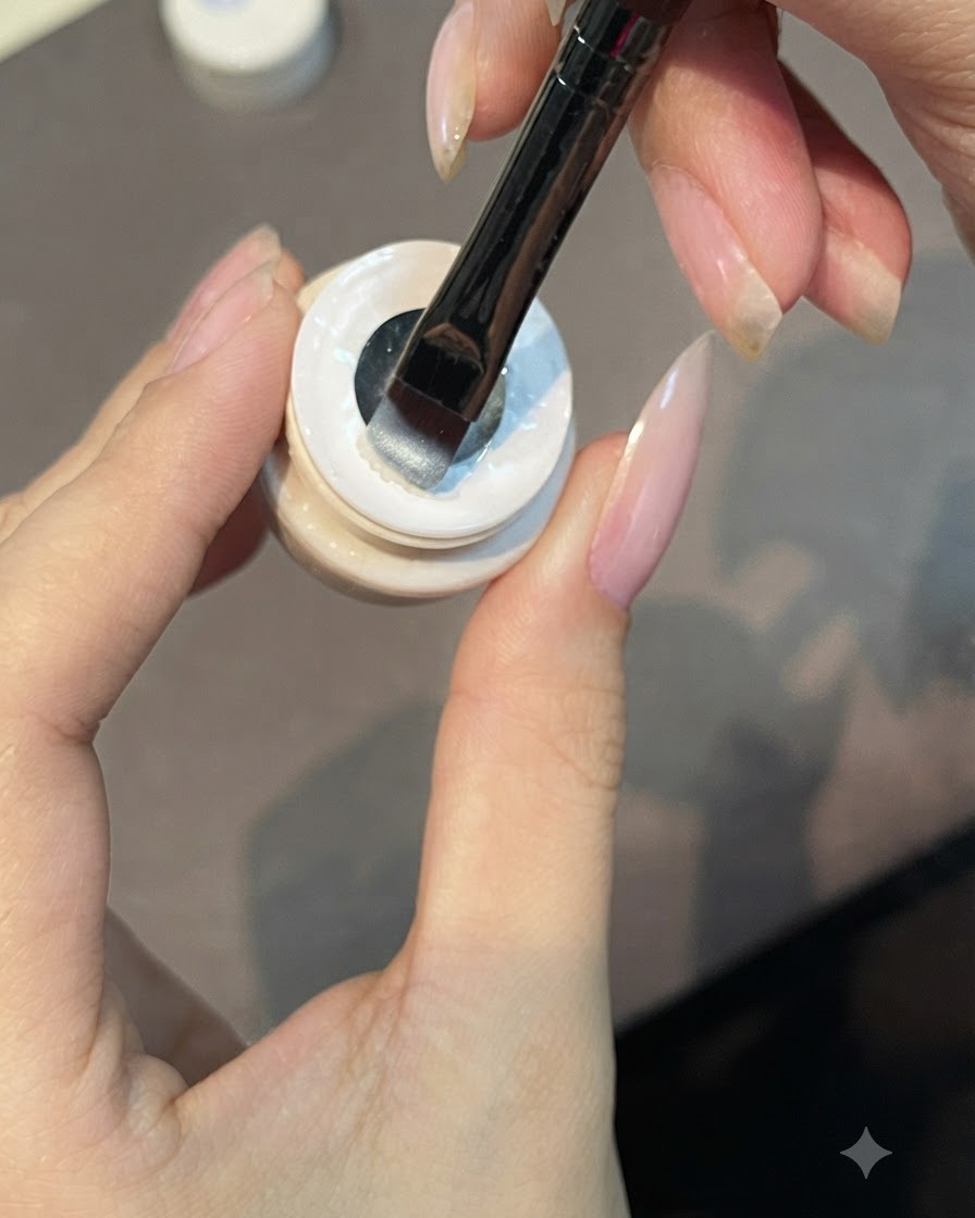 A flat brush applying a thin layer of translucent cat eye gel onto the nail.
