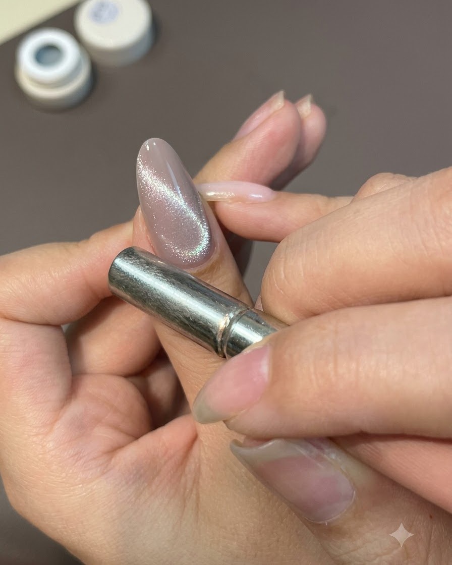 A strong magnet held close to a glossy greyish-brown cat eye gel nail, pulling the magnetic shimmer into a centered glowing line.