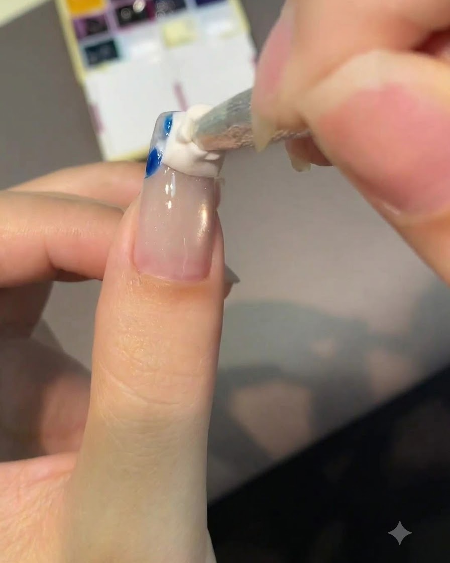 A sponge applicator gently patting white and blue pigment onto the tip of an almond-shaped nail.
