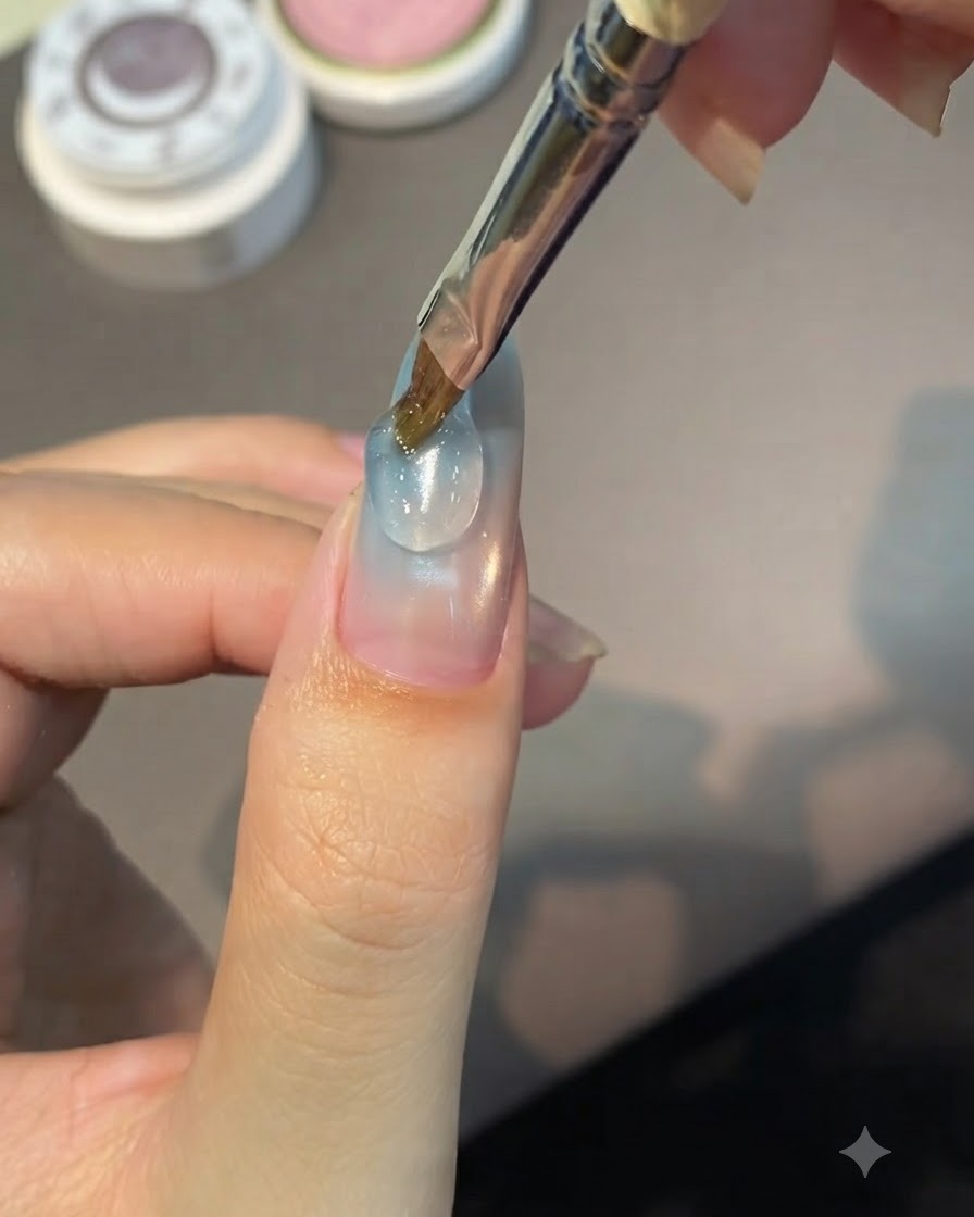 A nail brush applying a clear drop of structuring sculpting gel onto the surface of a manicured nail.