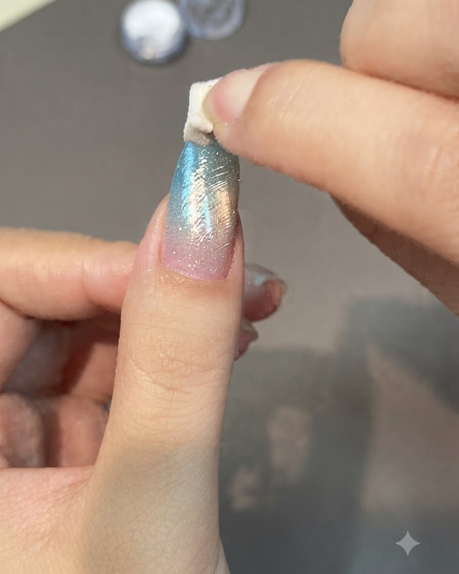 A sponge applicator rubbing shiny chrome powder onto a textured blue and pink gradient nail.
