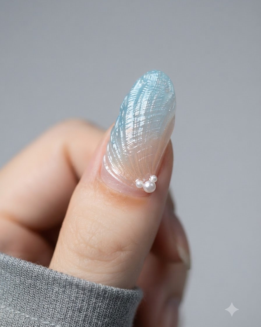 A brush applying a sealing top coat over a chrome-finished textured nail with pearl accents.