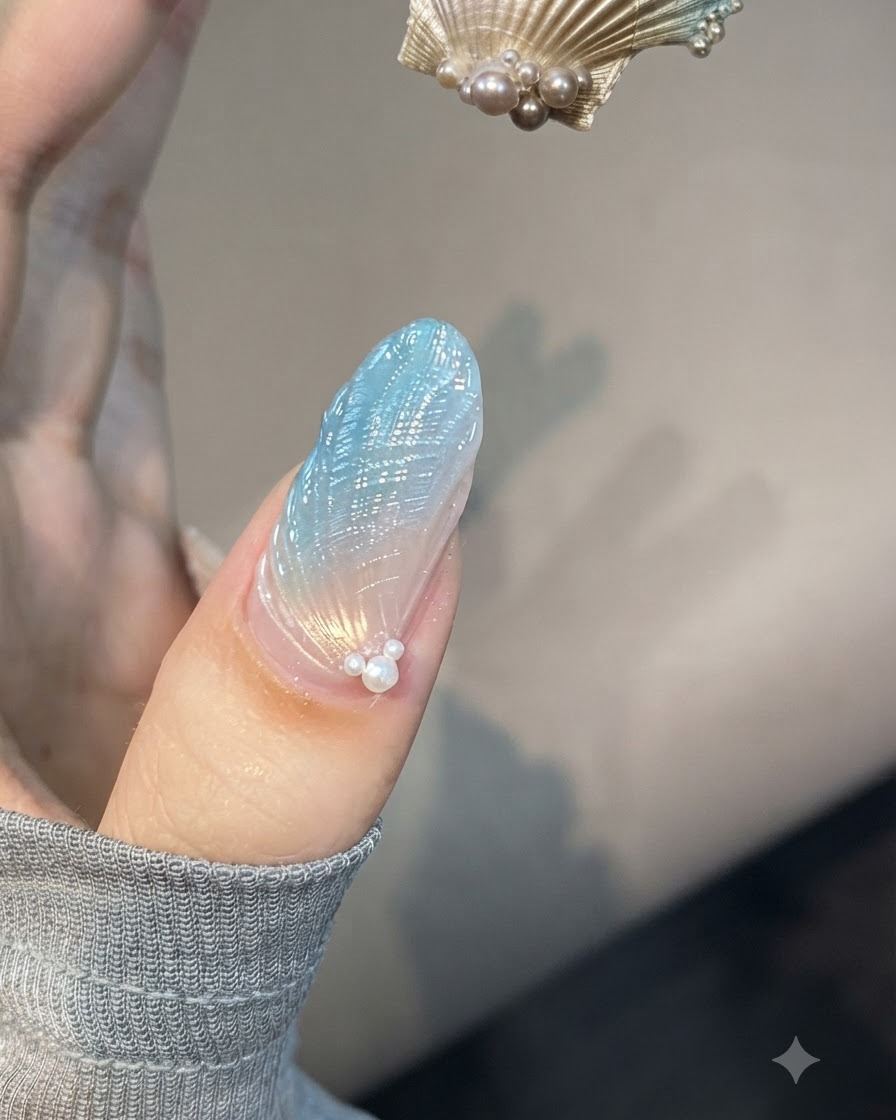 A fine liner brush with bottled gel held near a textured nail to define detailed shell lines.