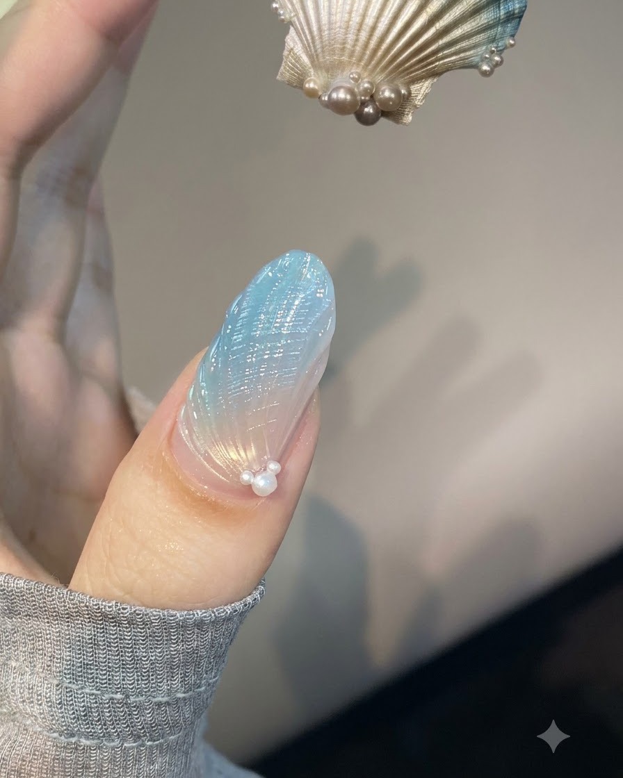 A detailed textured nail showing precise shell lines being drawn and flash cured stroke by stroke.