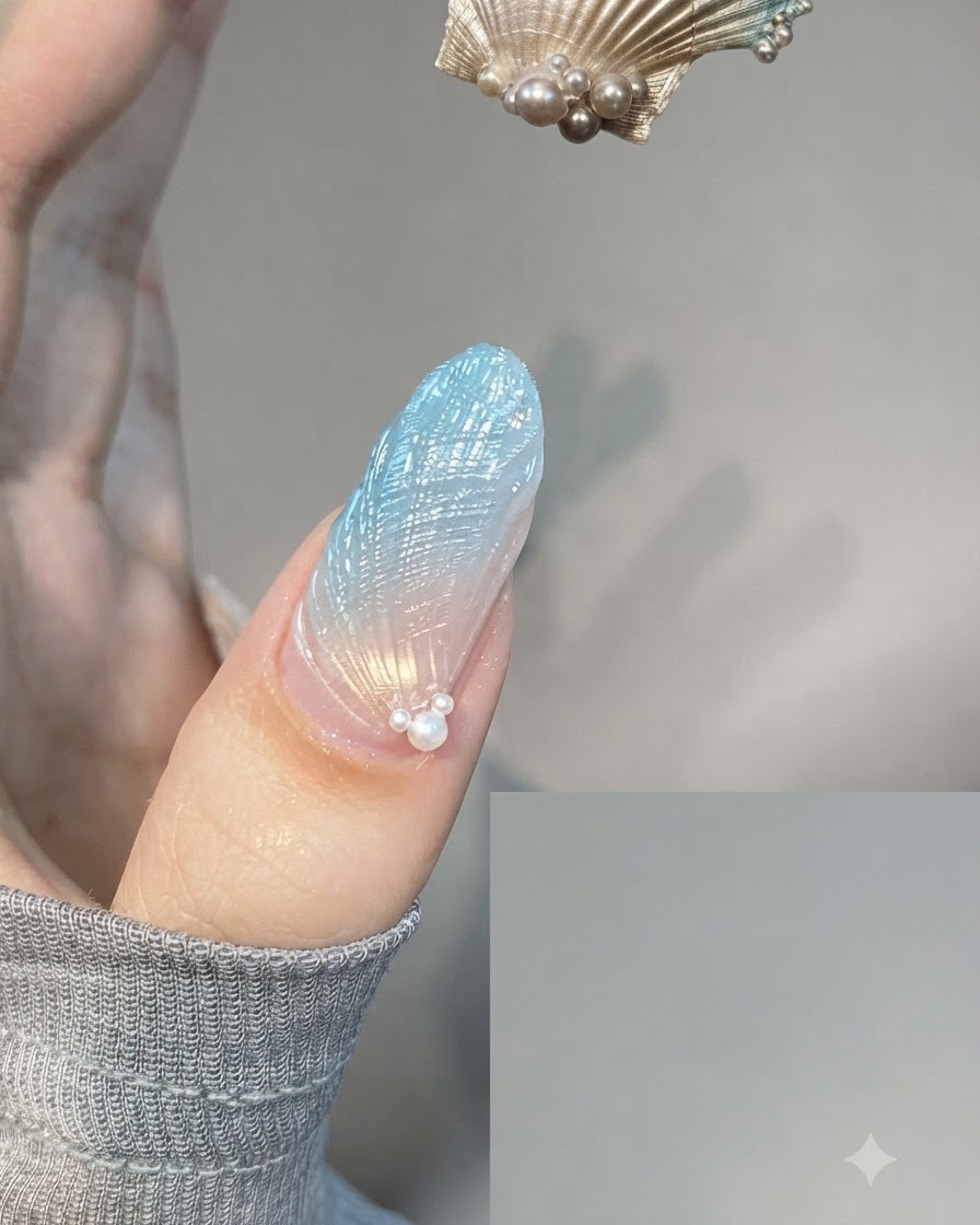 A close-up of a finished blue shell-textured nail with small pearl embellishments placed neatly near the cuticle area.