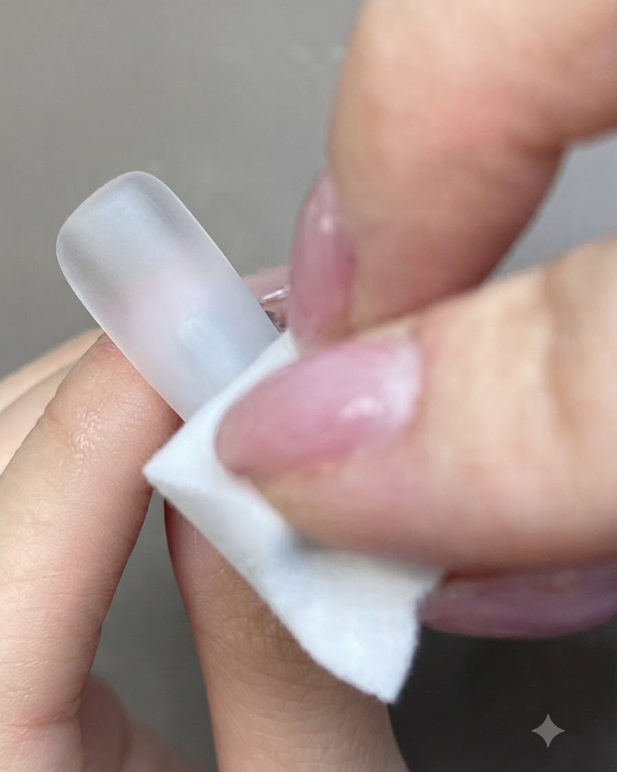 A cotton pad with white gel being gently dabbed onto the tip of a matte white artificial nail surface.