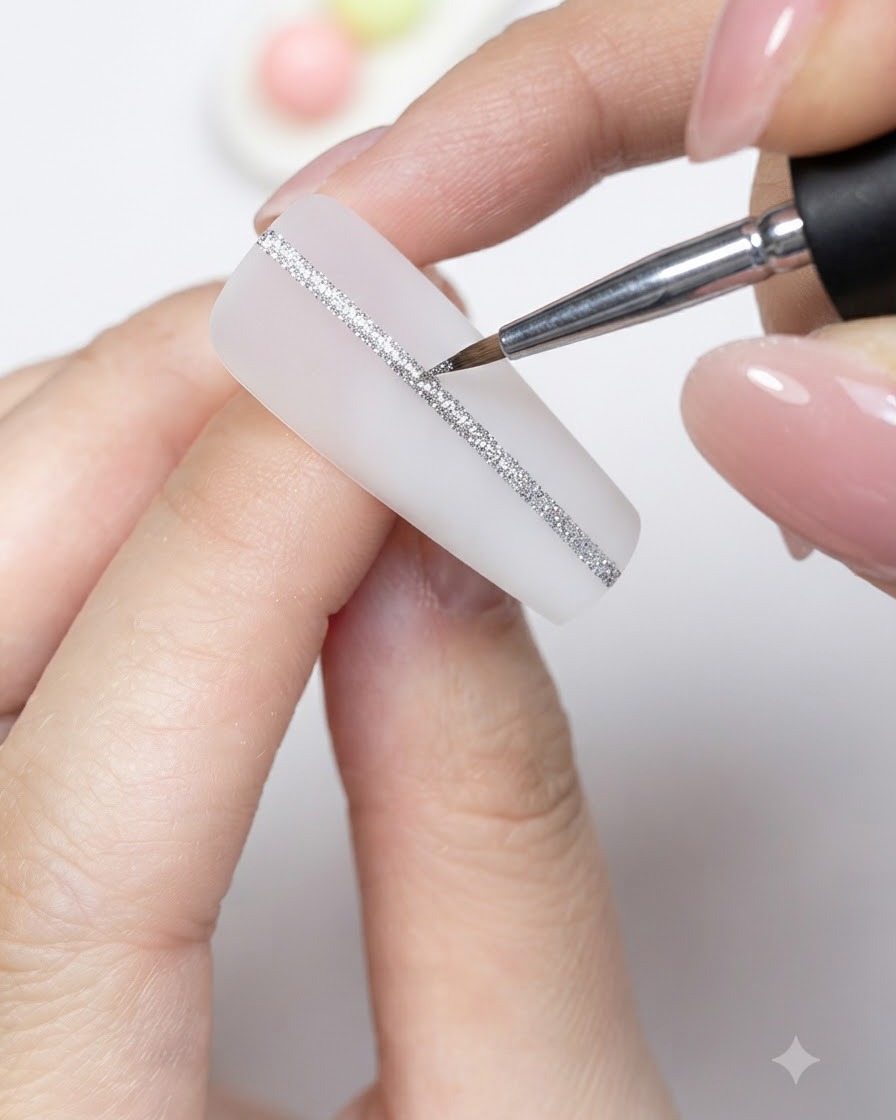 A fine nail art brush drawing a silver glitter line across a matte white artificial nail.