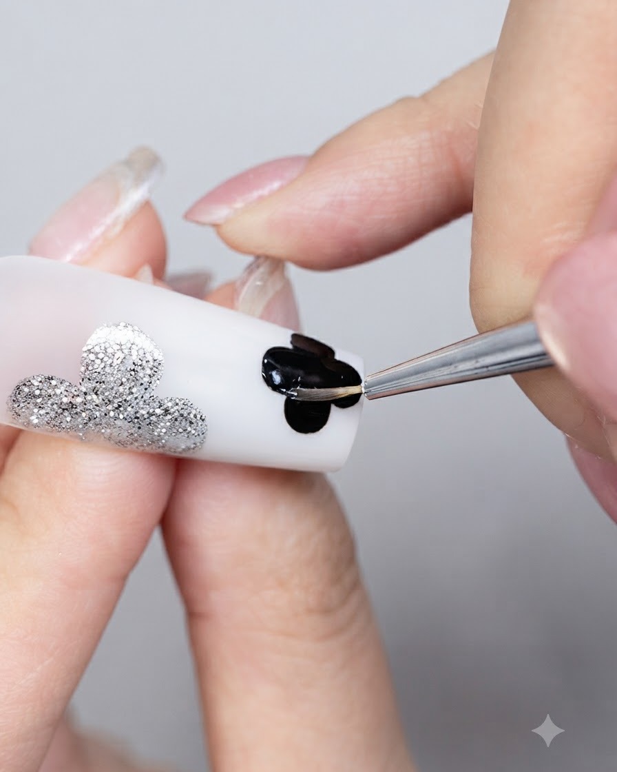 A fine detail brush applying rhinestone adhesive gel along the border of a black four-leaf clover design on a nail.