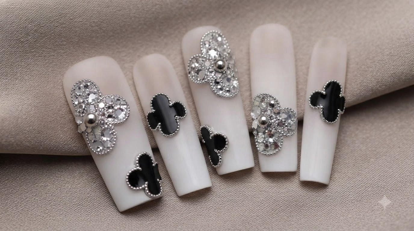 Van Cleef Clover Luxury Rhinestone and Glitter Gel Nails — Step-by-Step Tutorial