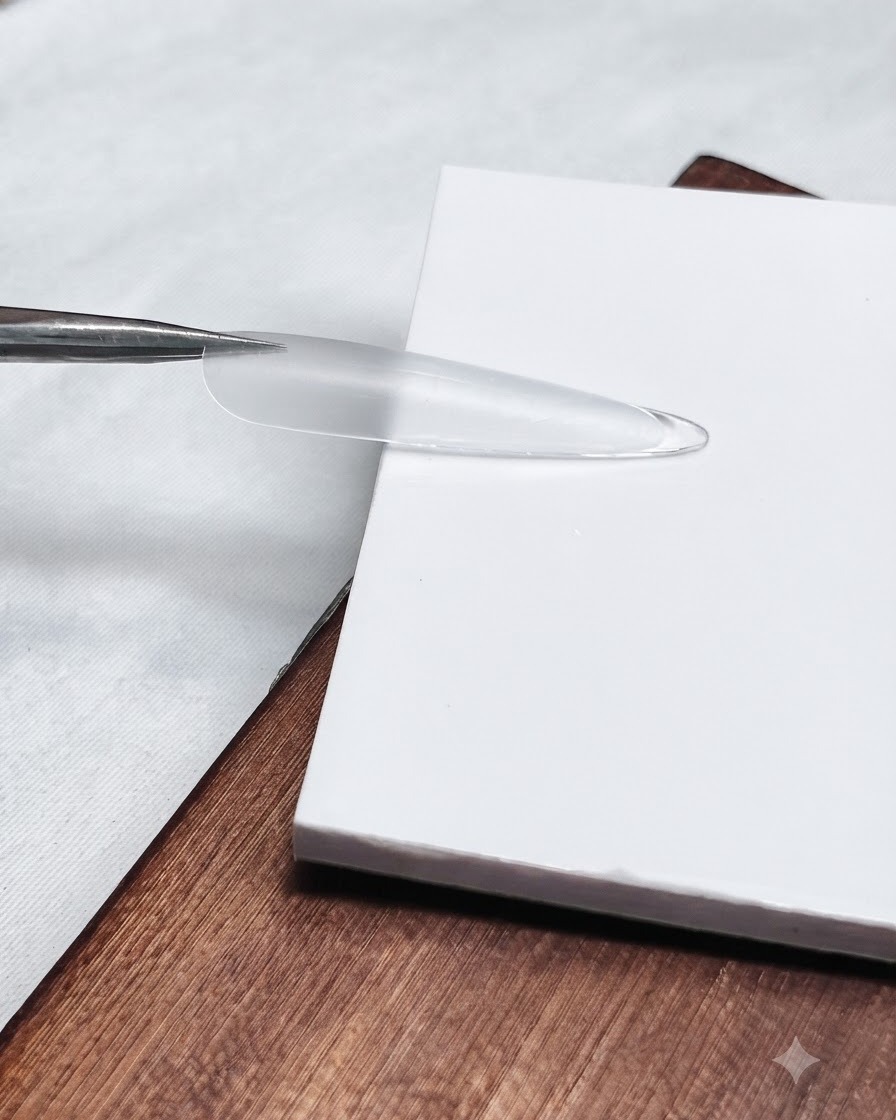 A clear stiletto nail tip placed face down on a white card using tweezers.