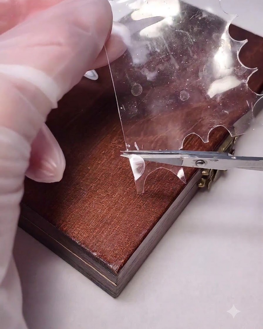 Scissors cutting a small piece of clear plastic film from a larger sheet.