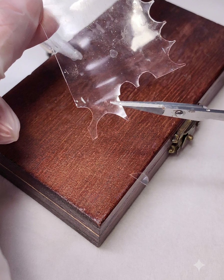 Tweezers pressing down clear plastic film over the opening of a nail tip.