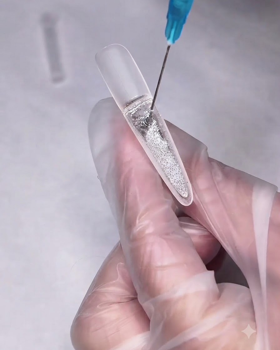 A syringe needle inserting clear oil into a sealed quicksand nail compartment.
