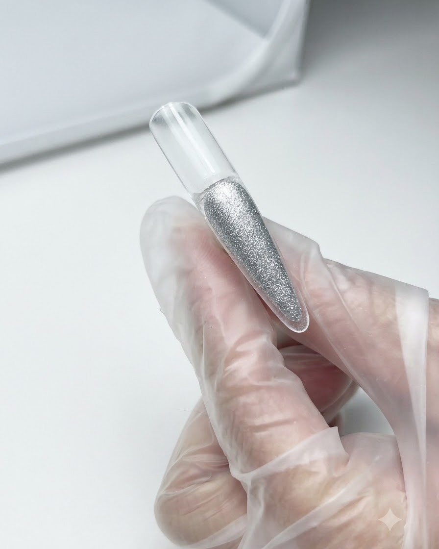 A gel brush applying a layer of nude-pink cat-eye gel onto the upper half of a clear nail tip.