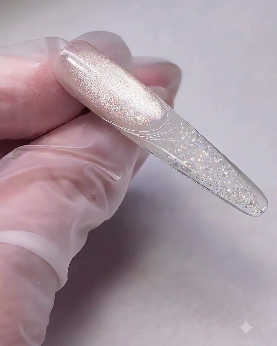 A fine liner brush stretching white spider gel across a nail tip to create thin, intersecting lines.