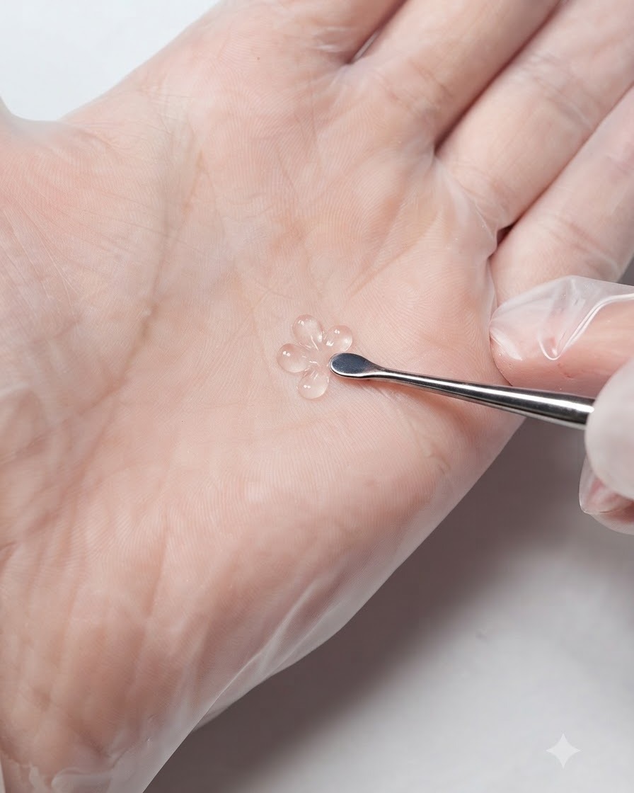A metal cuticle pusher picking up a small bead of solid white 3D carving gel.