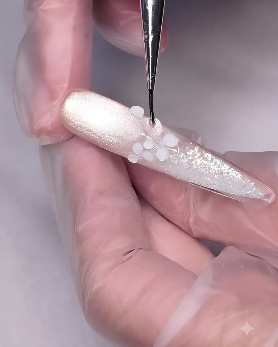 A close-up view of a cylindrical magnet held just above a detailed floral nail art design to pull the cat-eye magnetic shimmer.