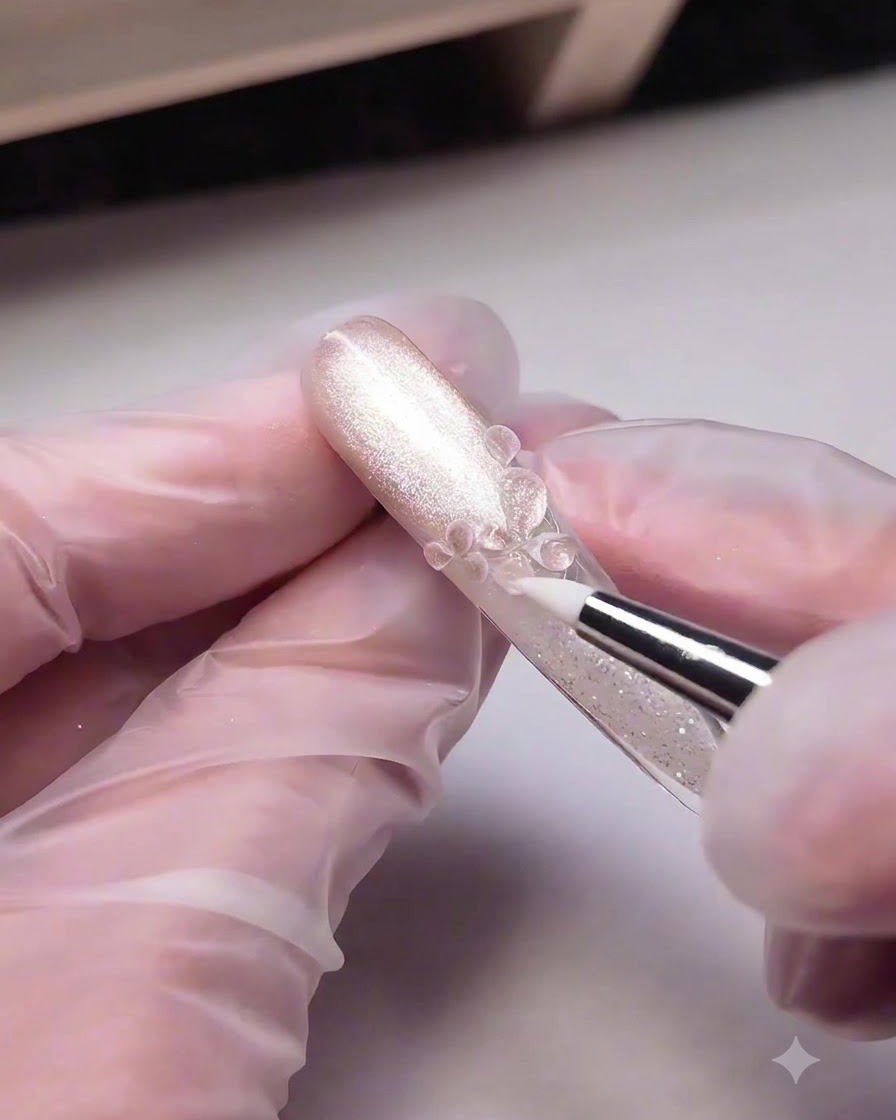 A detail brush applying clear thick molding gel over 3D sculpted petals to create a glossy ice-flower look.