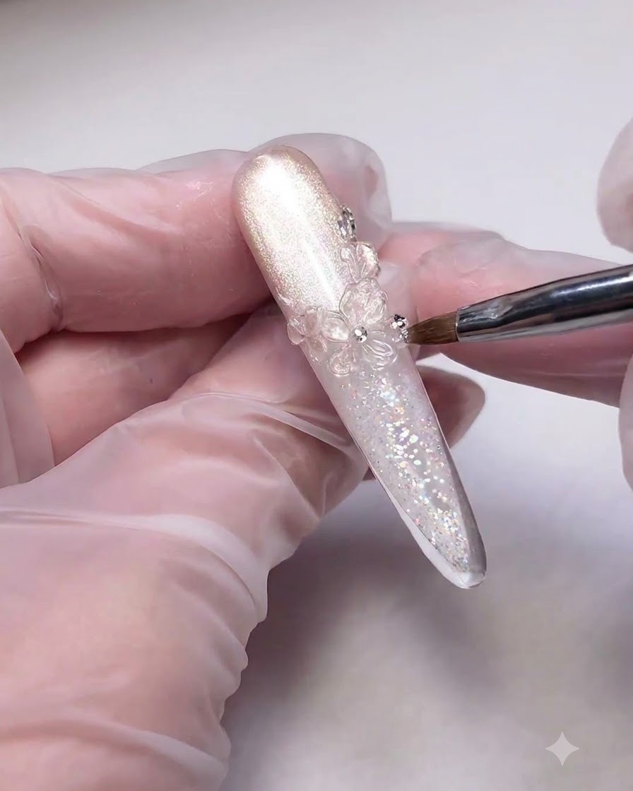 A tool placing tiny silver rhinestones and pearls around a clear 3D ice-flower design on a sparkly nail tip.