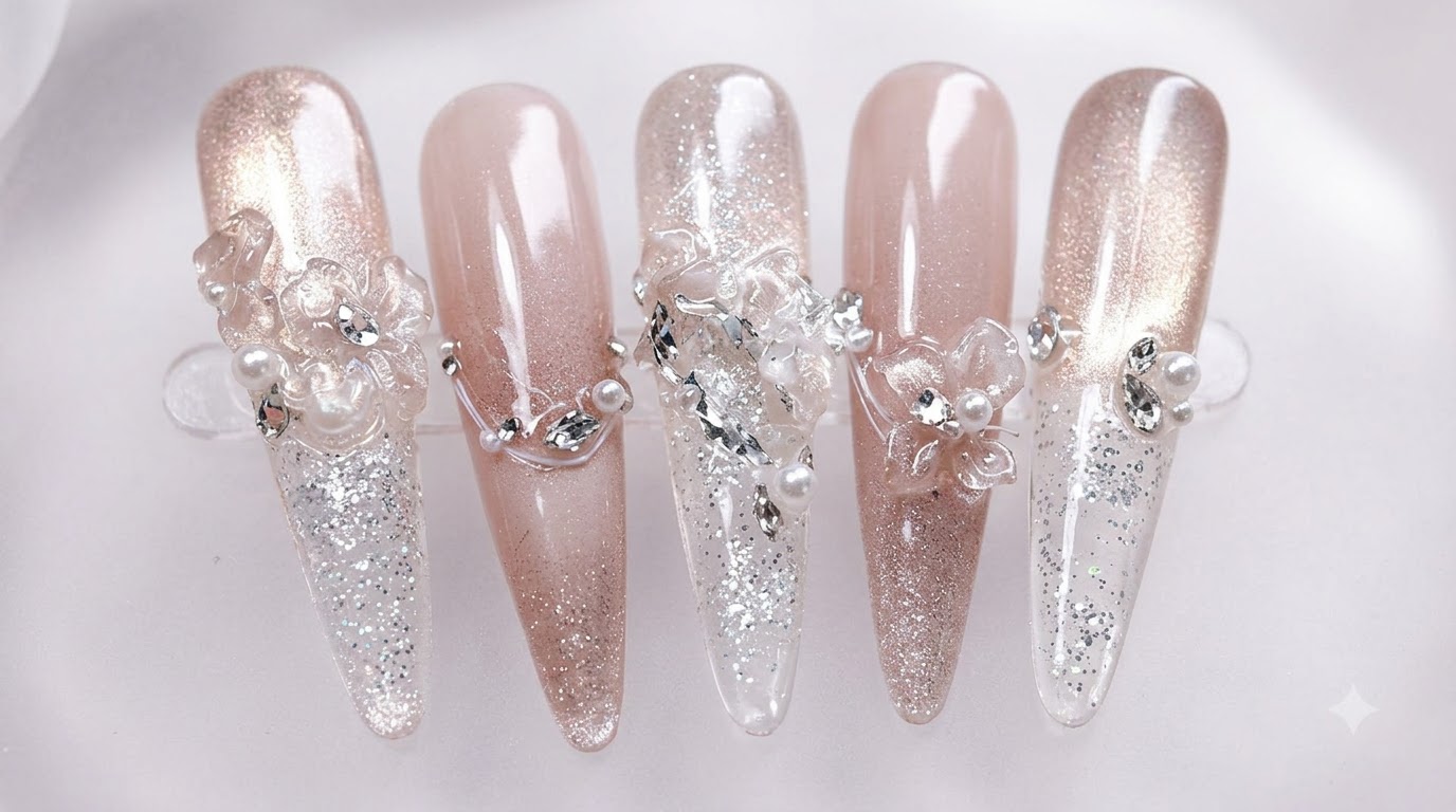 Carved Ice Flower Quicksand Cat-Eye Nails — Step-by-Step Tutorial