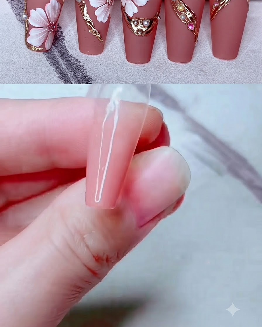 A close-up of a nail technician applying milky pink gel color onto a clear nail extension.
