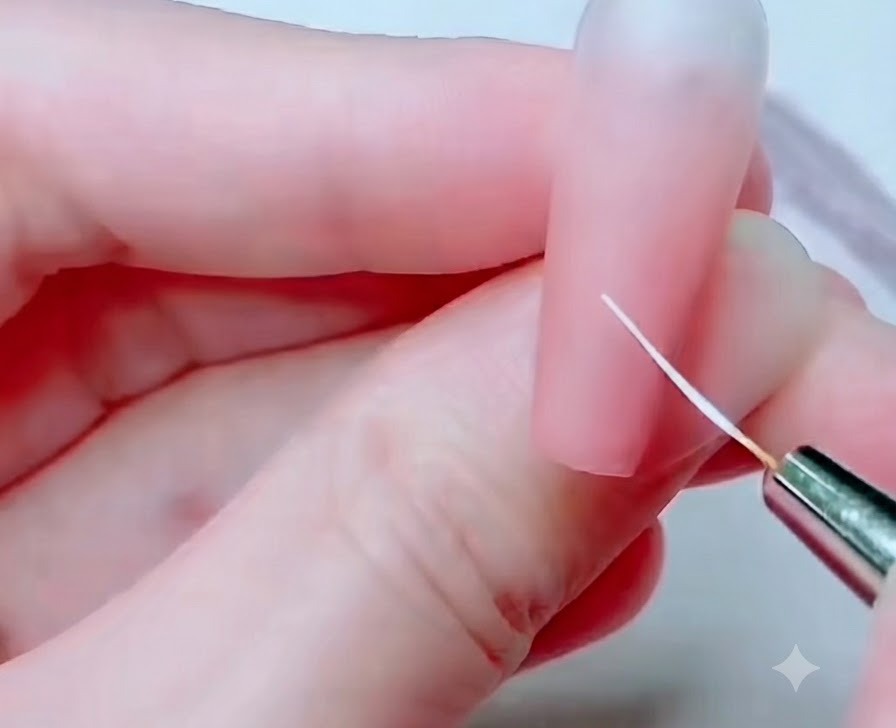 A fine detailing brush drawing thin white petal guidelines on a pink nail.