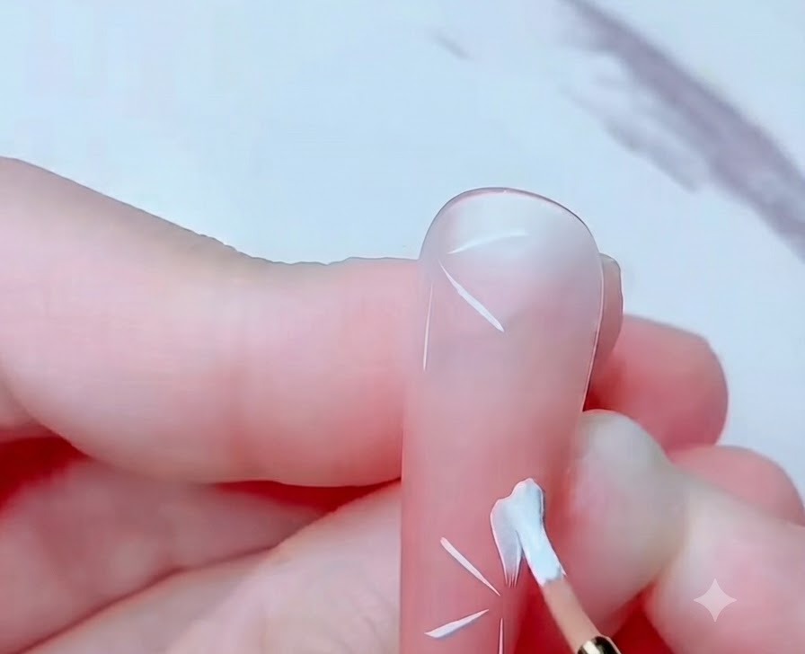 A nail art brush filling in white cherry blossom petals on a pink base.