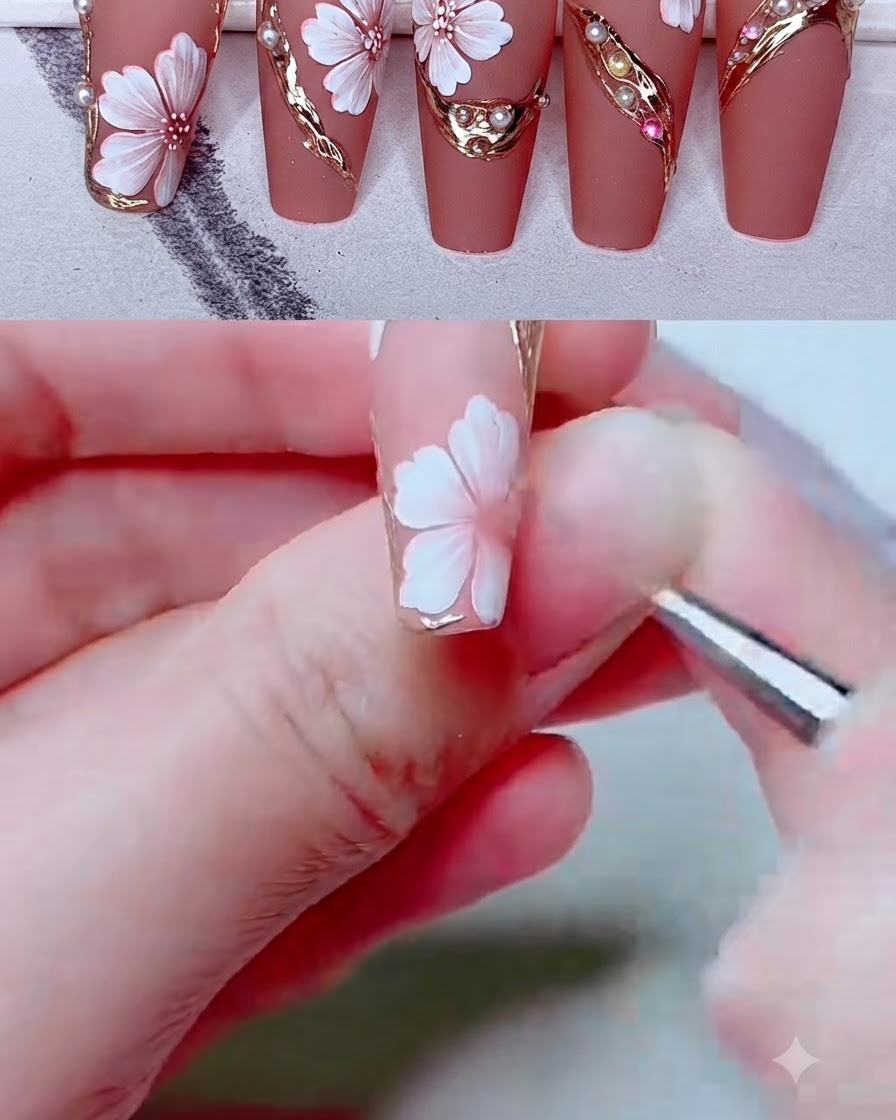 A fine liner brush refining metallic gold outlines and curved frames around a nail flower.