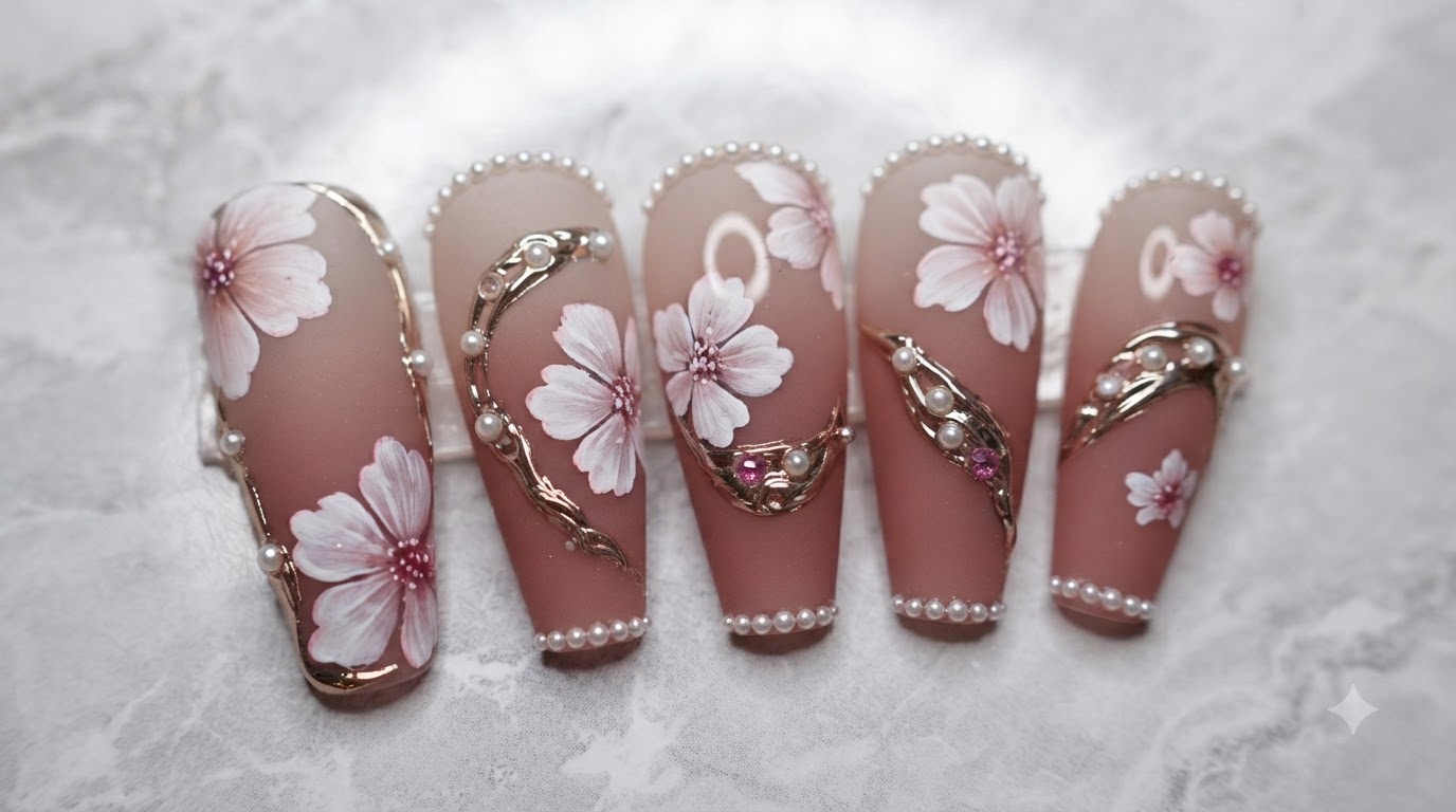 Cherry Blossom Nail Art with Gold Accents and Pearls — Step-by-Step Tutorial