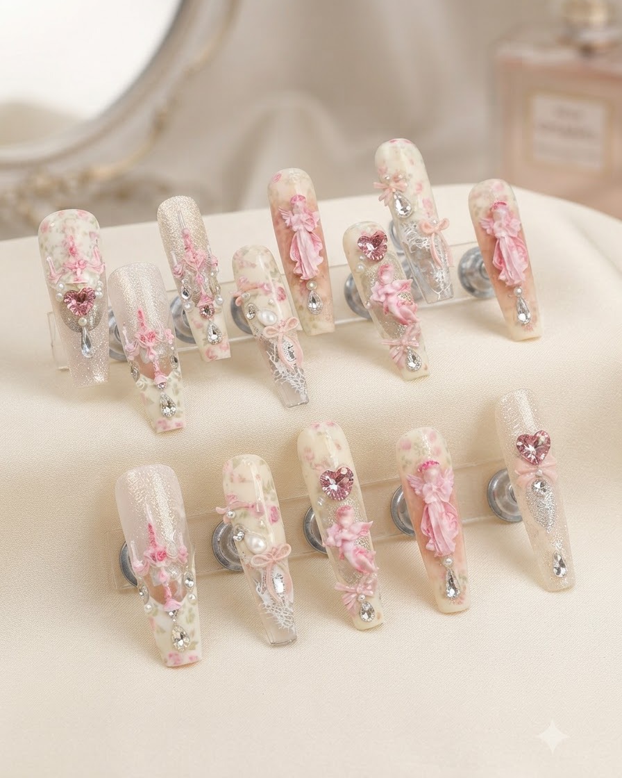 A finger pressing floral transfer foil paper onto the nail surface.