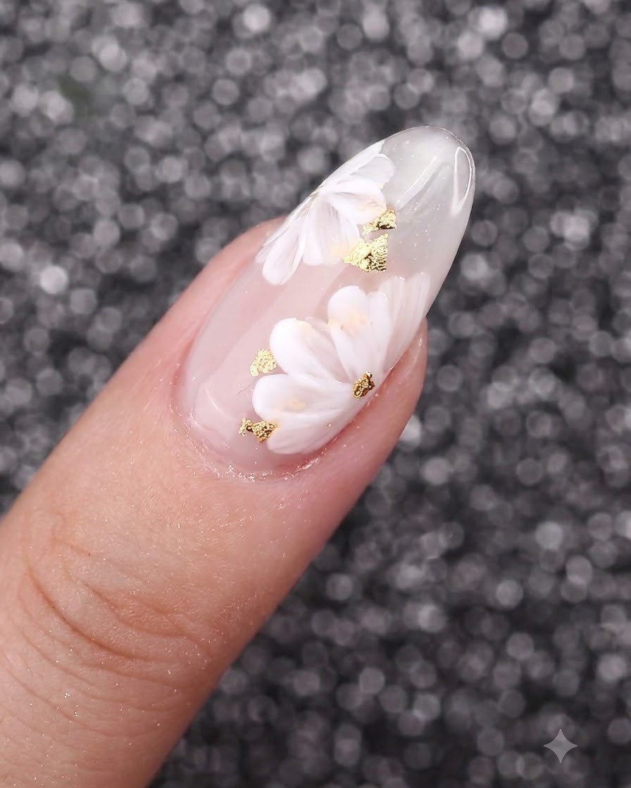 A fine liner brush adding delicate metallic gold stamen details to the center of painted white flowers on a nail.