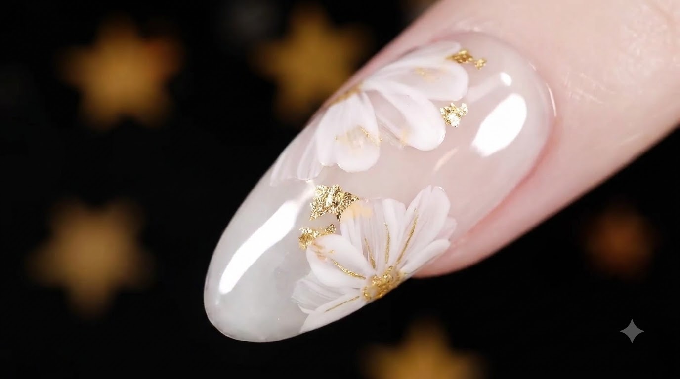 Layered White Floral and Gold Foil Gel Nails — Elegant Step-by-Step Tutorial