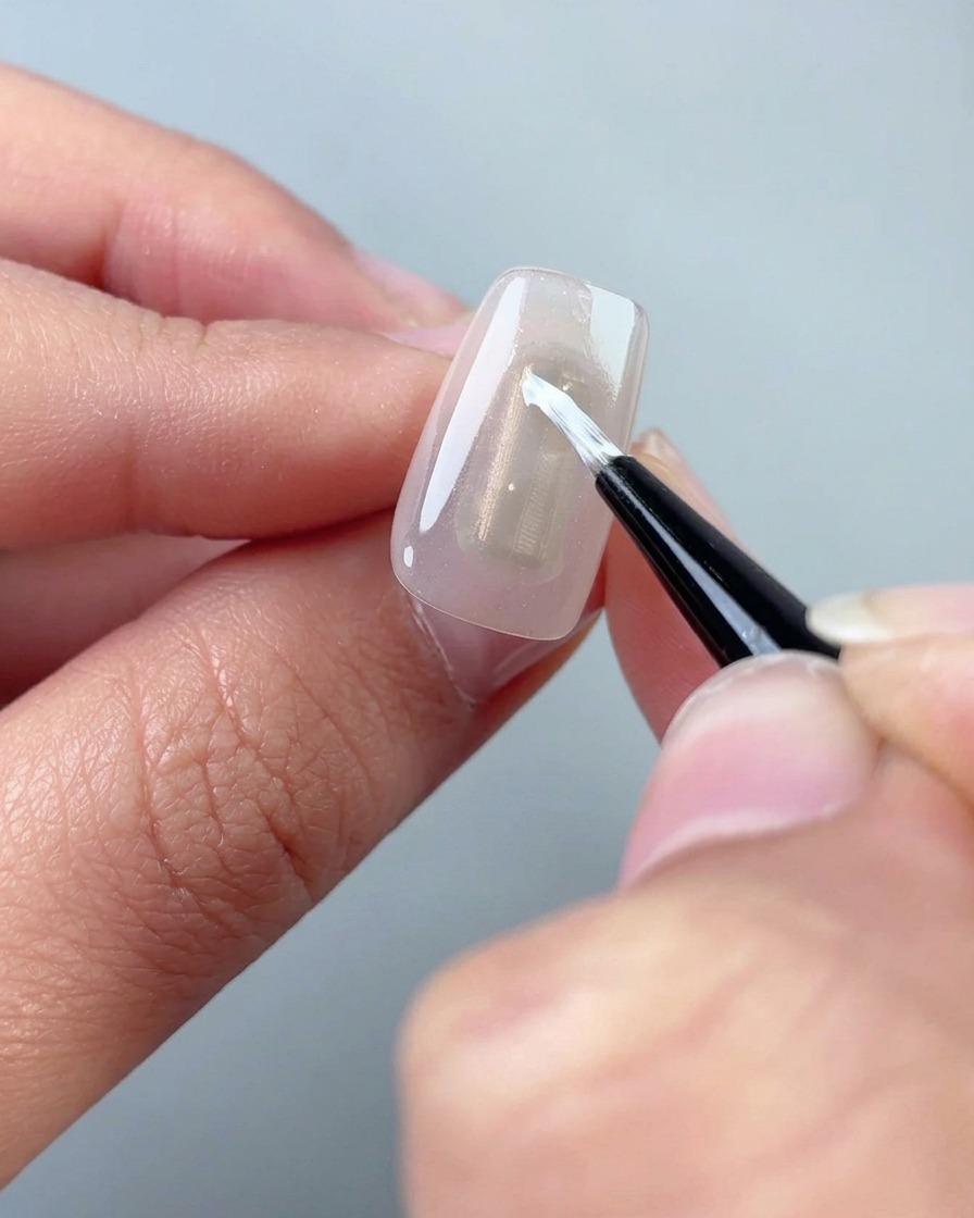 A close-up shot of a fine brush applying white gel to form a petal on a clear nail.