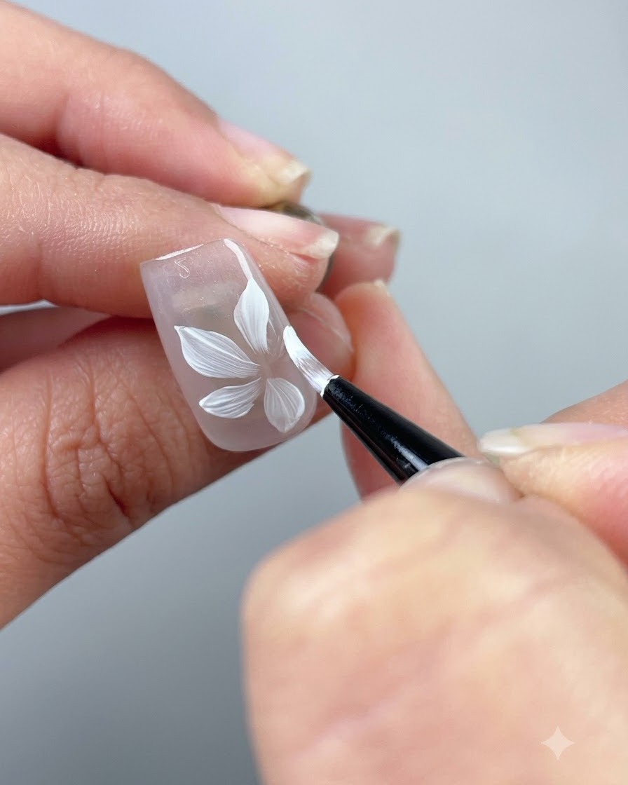 A close-up of a nearly finished five-petal white flower painted on a clear nail.