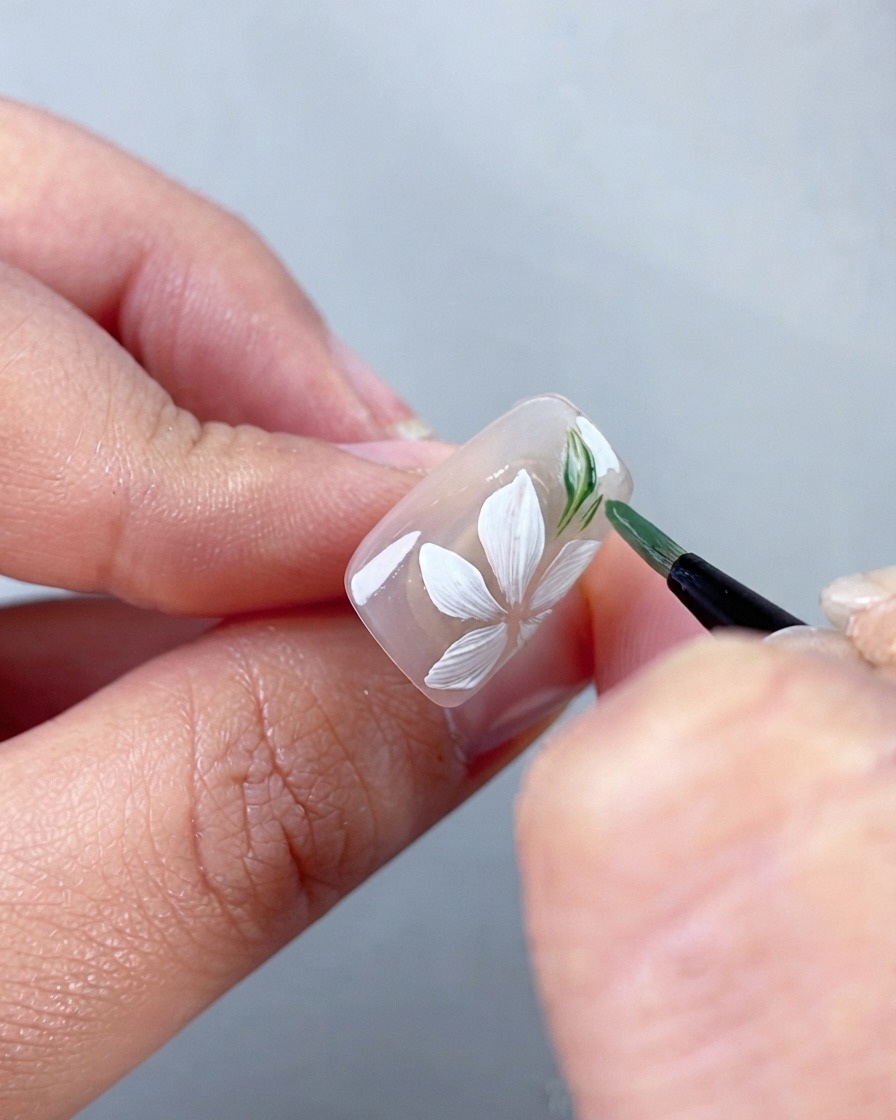 A close-up view of a nail artists hand using a thin brush to paint delicate green leaves next to white flower petals on a press-on nail.