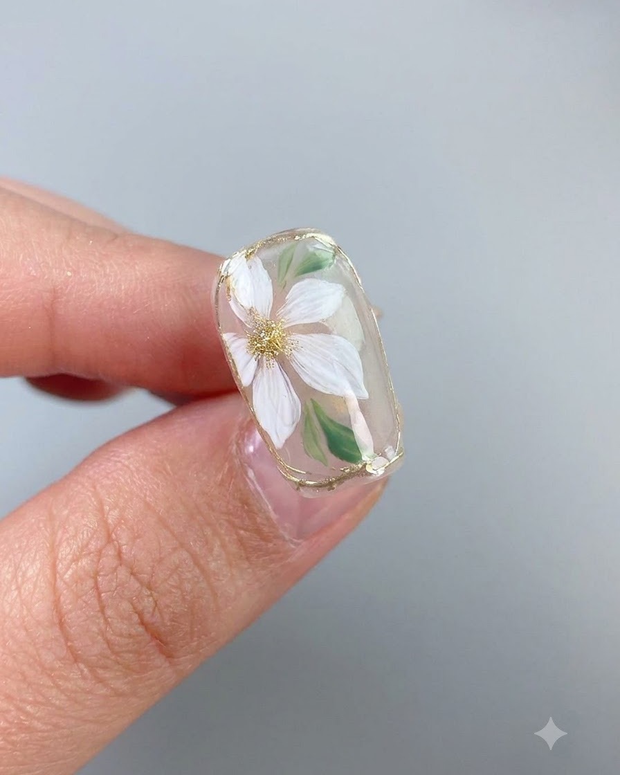 A brush applying a final glossy top coat across a finished floral nail art design featuring a white flower and gold trim.