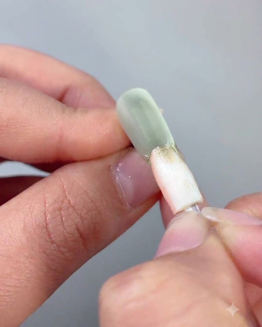 An applicator tool rubbing light gold chrome powder onto the raised perimeter outline of a cat eye gel nail.