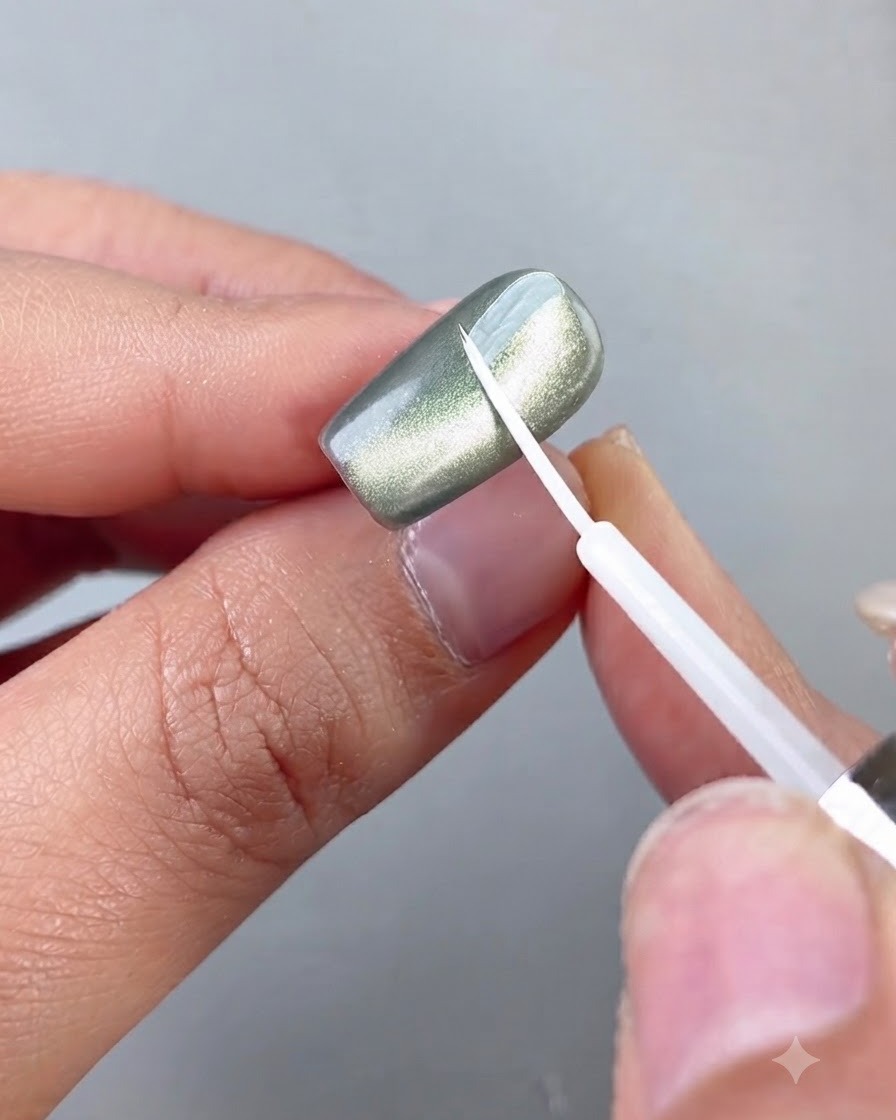 A fine detailing brush applying white blooming liquid in a diagonal sweep across a green cat eye nail.