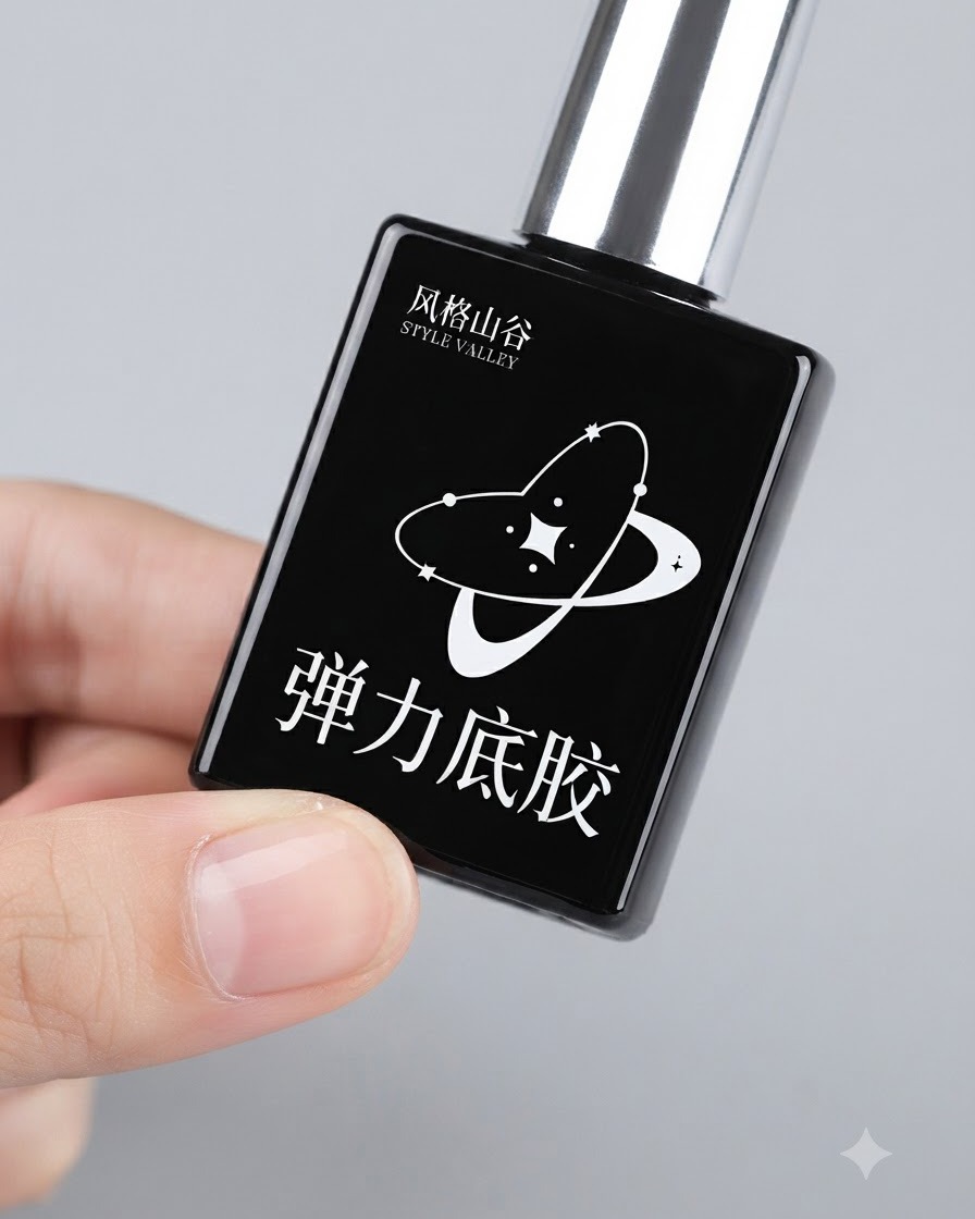 A bottle of style valley elastic base coat held in hand against a neutral background.