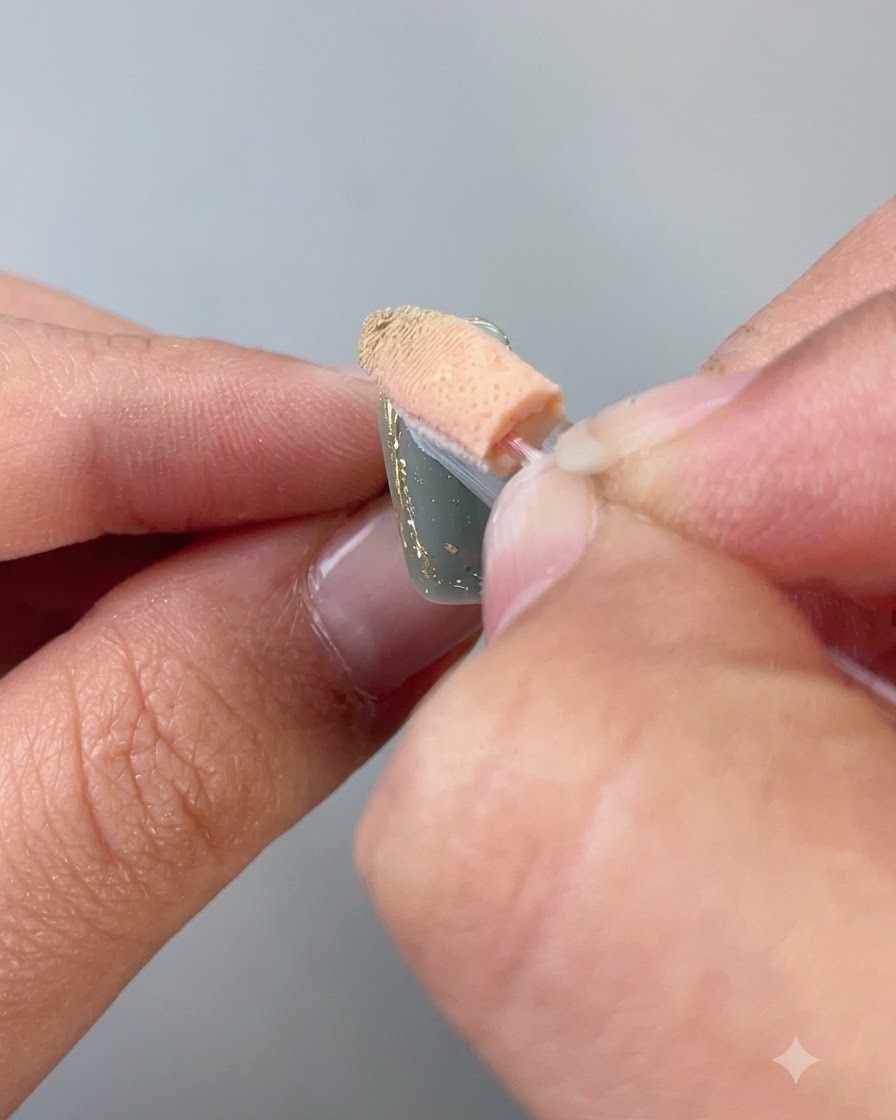 A sponge applicator rubbing gold powder onto the outlined edge of a nail.