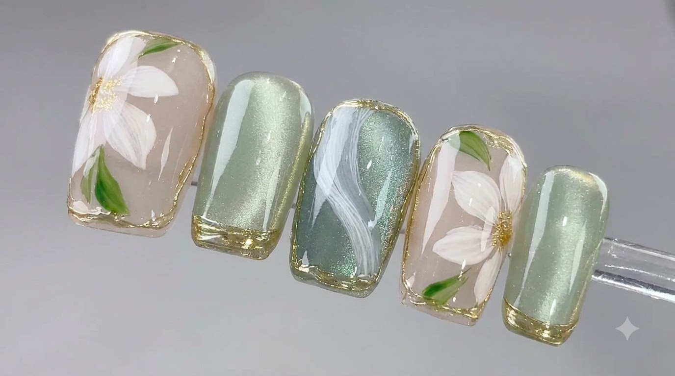 Spring Ice Tea Flower Nail Art — Elegant Cat Eye and 3D Floral Tutorial