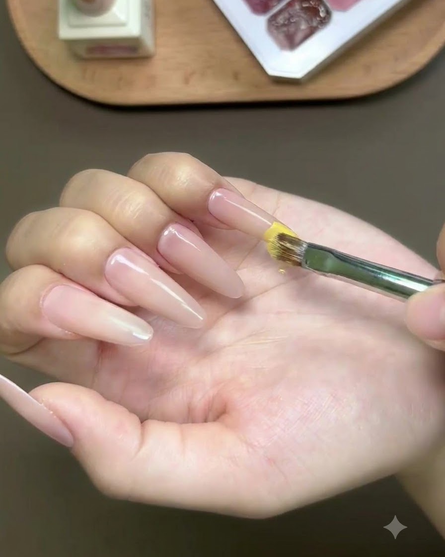 A brush applying yellow gel polish to the tip of a long almond-shaped nail.